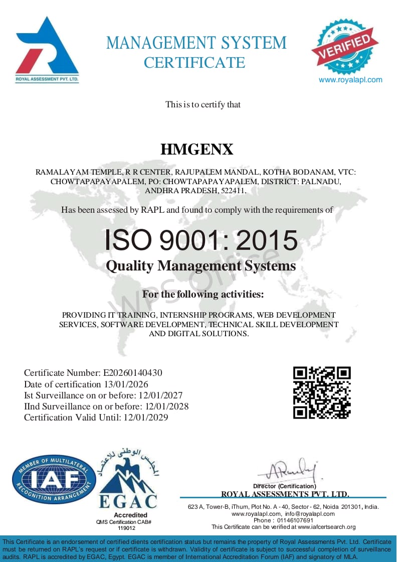HMGENX ISO 9001:2015 Certificate — Royal Assessments Pvt. Ltd.